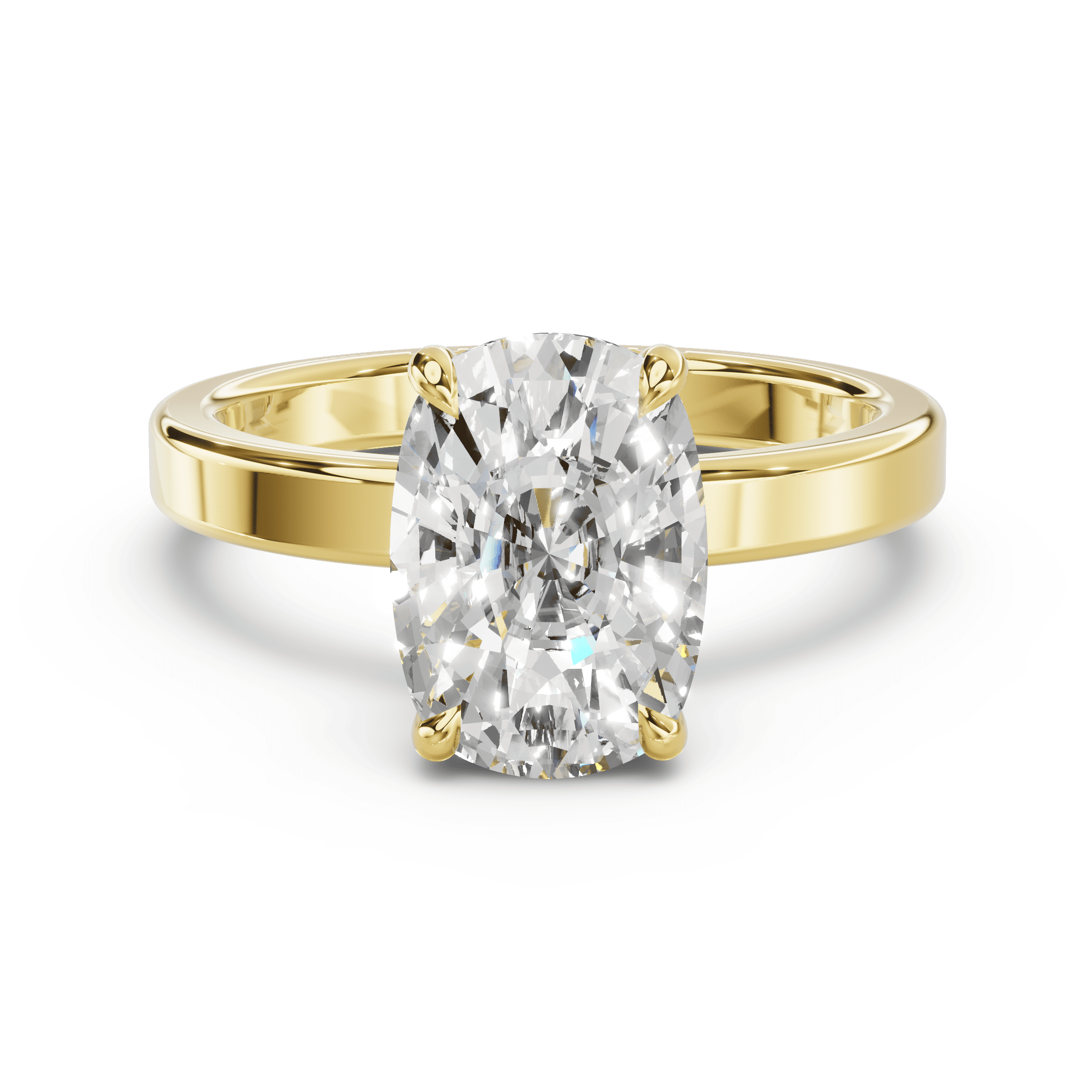 A yellow gold engagement ring featuring a large oval-cut diamond center stone in a four-prong setting, shown on a clean white background.